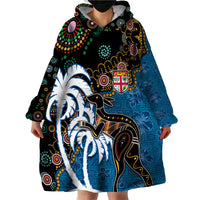 Fiji Palm Tree and Australia Kangaroo Wearable Blanket Hoodie Aboriginal Mix Tapa Pattern LT03 - Polynesian Pride