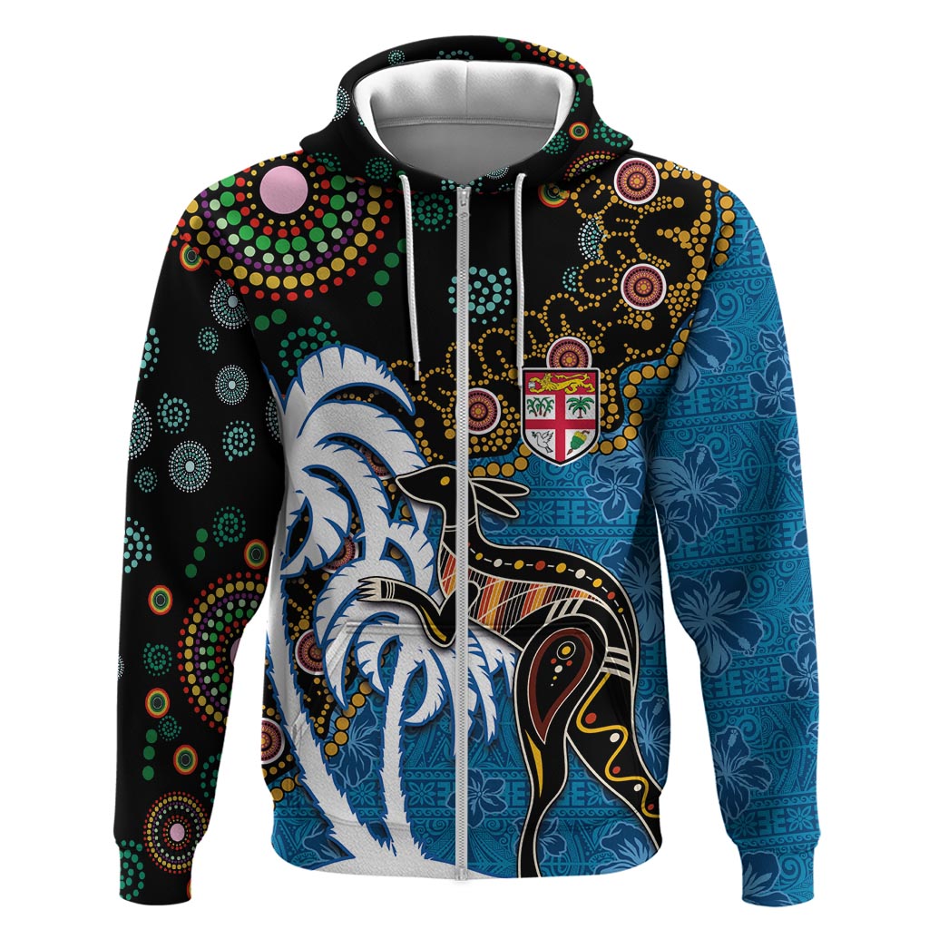 Fiji Palm Tree and Australia Kangaroo Zip Hoodie Aboriginal Mix Tapa Pattern LT03 Zip Hoodie Blue - Polynesian Pride