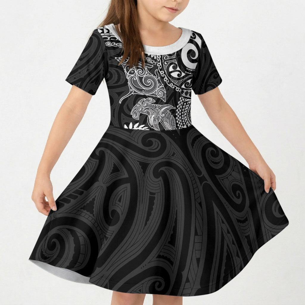 Aotearoa Maori Sea Animals Tribal Kid Short Sleeve Dress Manta Ray and Shark Moko Pattern Black Color LT03 KID Black - Polynesian Pride