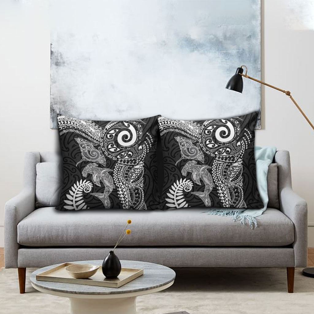 Aotearoa Maori Sea Animals Tribal Pillow Cover Manta Ray and Shark Moko Pattern Black Color LT03 - Polynesian Pride