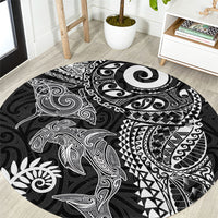 Aotearoa Maori Sea Animals Tribal Round Carpet Manta Ray and Shark Moko Pattern Black Color LT03 Black - Polynesian Pride