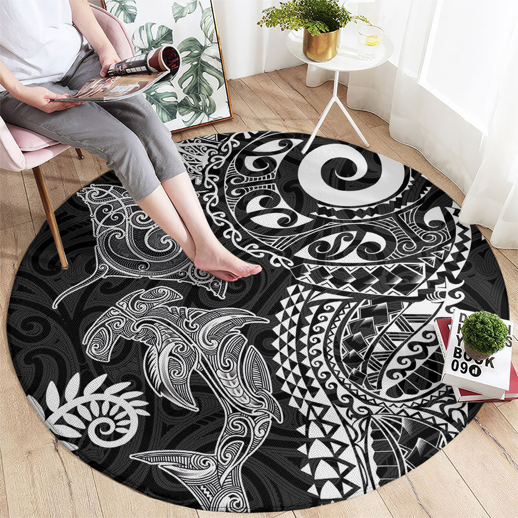 Aotearoa Maori Sea Animals Tribal Round Carpet Manta Ray and Shark Moko Pattern Black Color LT03 - Polynesian Pride