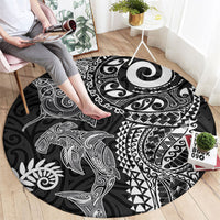Aotearoa Maori Sea Animals Tribal Round Carpet Manta Ray and Shark Moko Pattern Black Color LT03 - Polynesian Pride