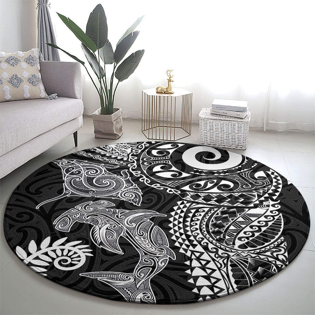 Aotearoa Maori Sea Animals Tribal Round Carpet Manta Ray and Shark Moko Pattern Black Color LT03 - Polynesian Pride