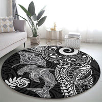 Aotearoa Maori Sea Animals Tribal Round Carpet Manta Ray and Shark Moko Pattern Black Color LT03 - Polynesian Pride