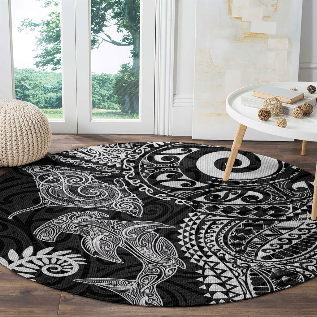 Aotearoa Maori Sea Animals Tribal Round Carpet Manta Ray and Shark Moko Pattern Black Color LT03 - Polynesian Pride