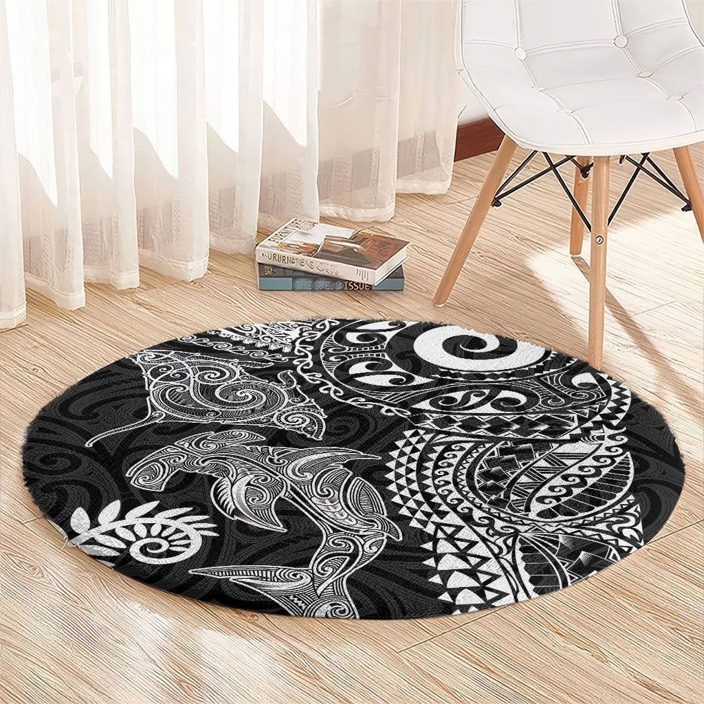 Aotearoa Maori Sea Animals Tribal Round Carpet Manta Ray and Shark Moko Pattern Black Color LT03 - Polynesian Pride