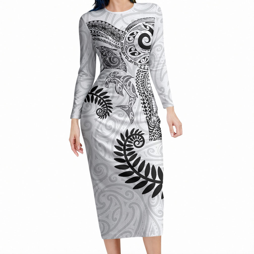Aotearoa Maori Sea Animals Tribal Long Sleeve Bodycon Dress Manta Ray and Shark Moko Pattern White Color LT03 Long Dress White - Polynesian Pride