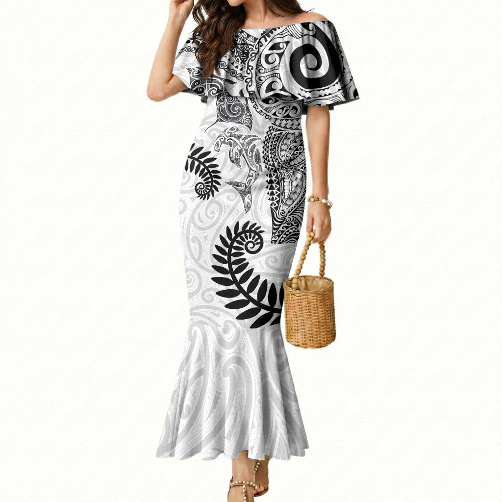 Aotearoa Maori Sea Animals Tribal Mermaid Dress Manta Ray and Shark Moko Pattern White Color LT03 Women White - Polynesian Pride