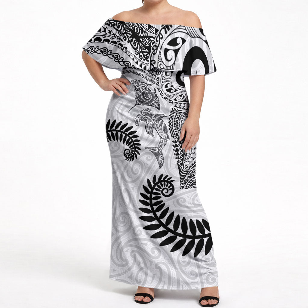 Aotearoa Maori Sea Animals Tribal Off Shoulder Maxi Dress Manta Ray and Shark Moko Pattern White Color LT03 Women White - Polynesian Pride