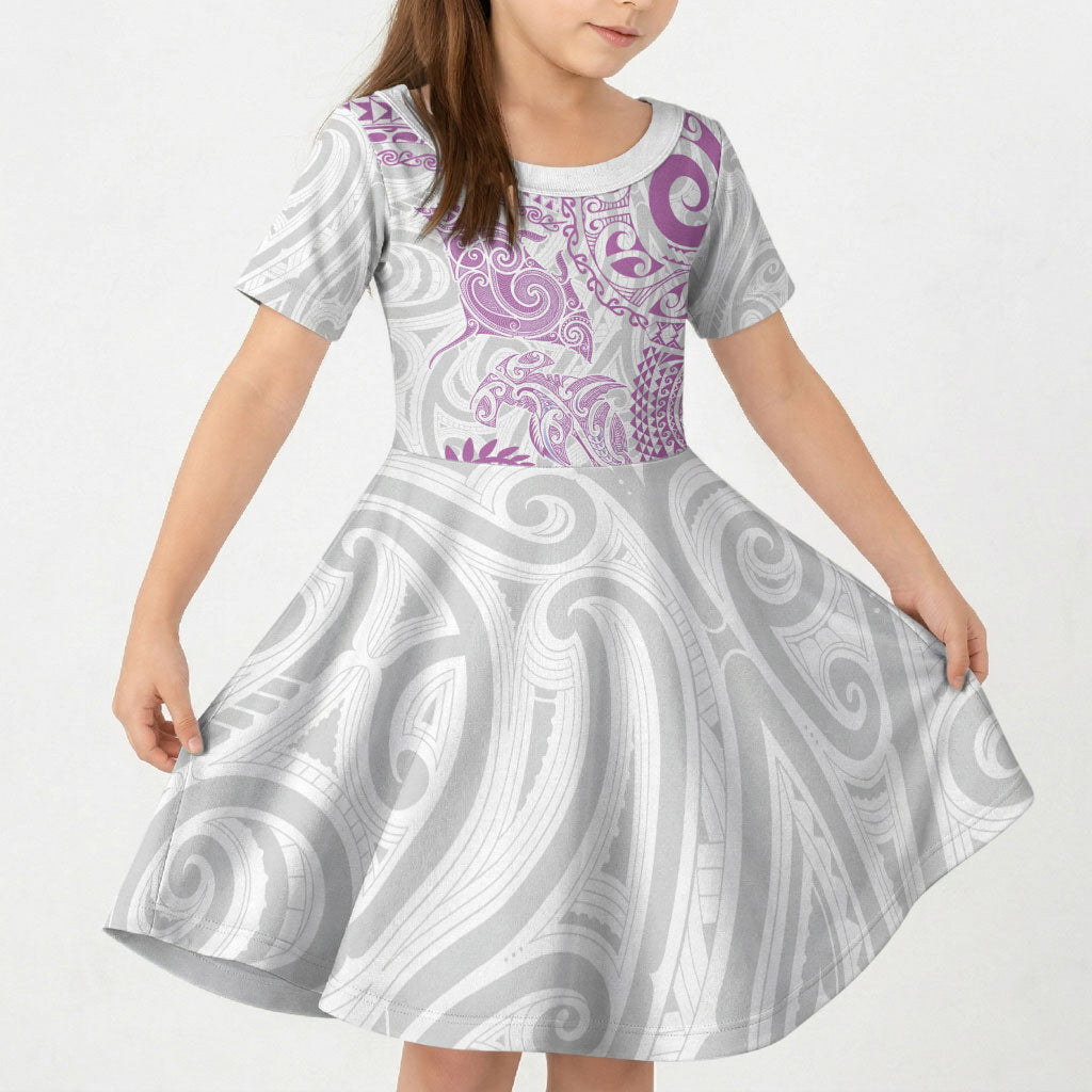 Aotearoa Maori Sea Animals Tribal Kid Short Sleeve Dress Manta Ray and Shark Moko Pattern Pink Color LT03 KID Pink - Polynesian Pride