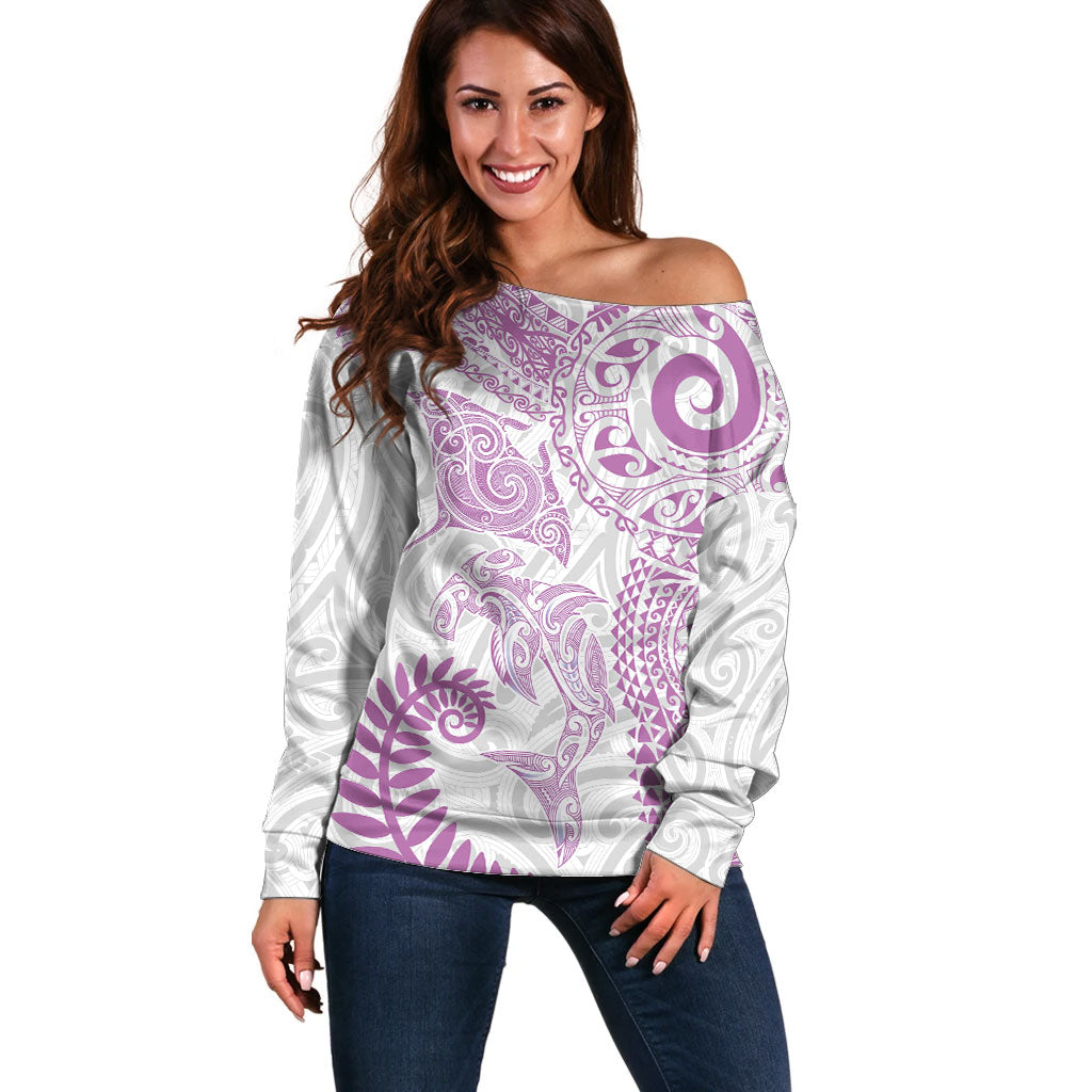 Aotearoa Maori Sea Animals Tribal Off Shoulder Sweater Manta Ray and Shark Moko Pattern Pink Color LT03 Women Pink - Polynesian Pride