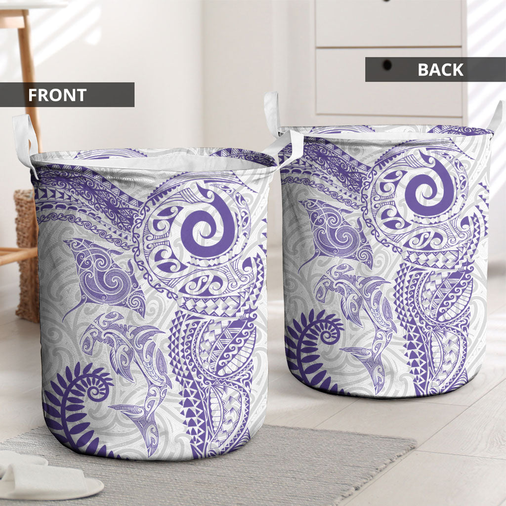 Aotearoa Maori Sea Animals Tribal Laundry Basket Manta Ray and Shark Moko Pattern Purple Color LT03 - Polynesian Pride
