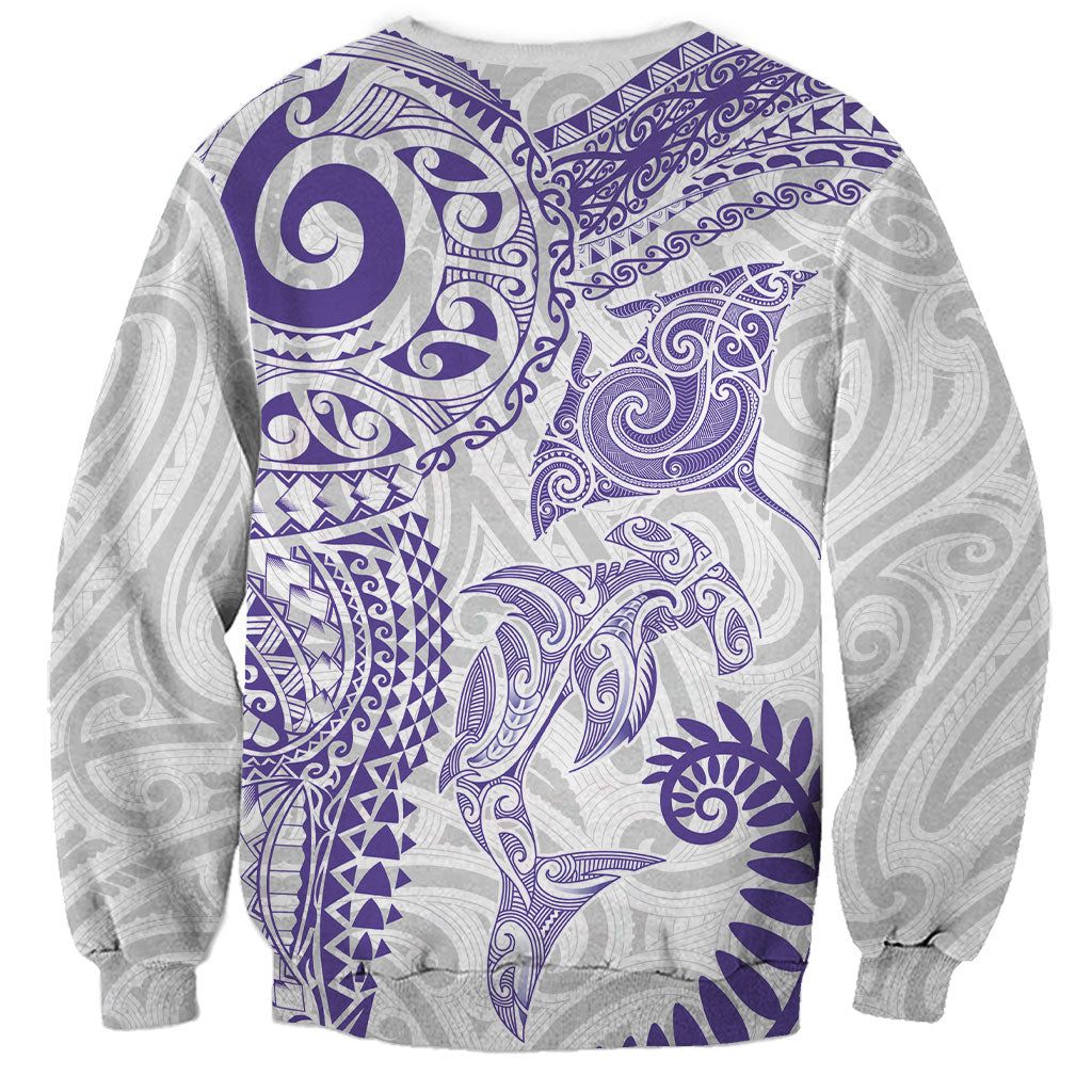 Aotearoa Maori Sea Animals Tribal Sweatshirt Manta Ray and Shark Moko Pattern Purple Color LT03 - Polynesian Pride
