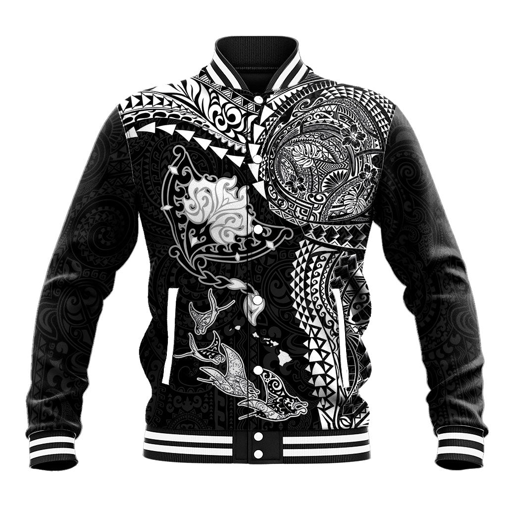 Hawaiian Manta Ray Tribal Baseball Jacket Polynesian Art Motifs Black Color LT03 Unisex Black - Polynesian Pride