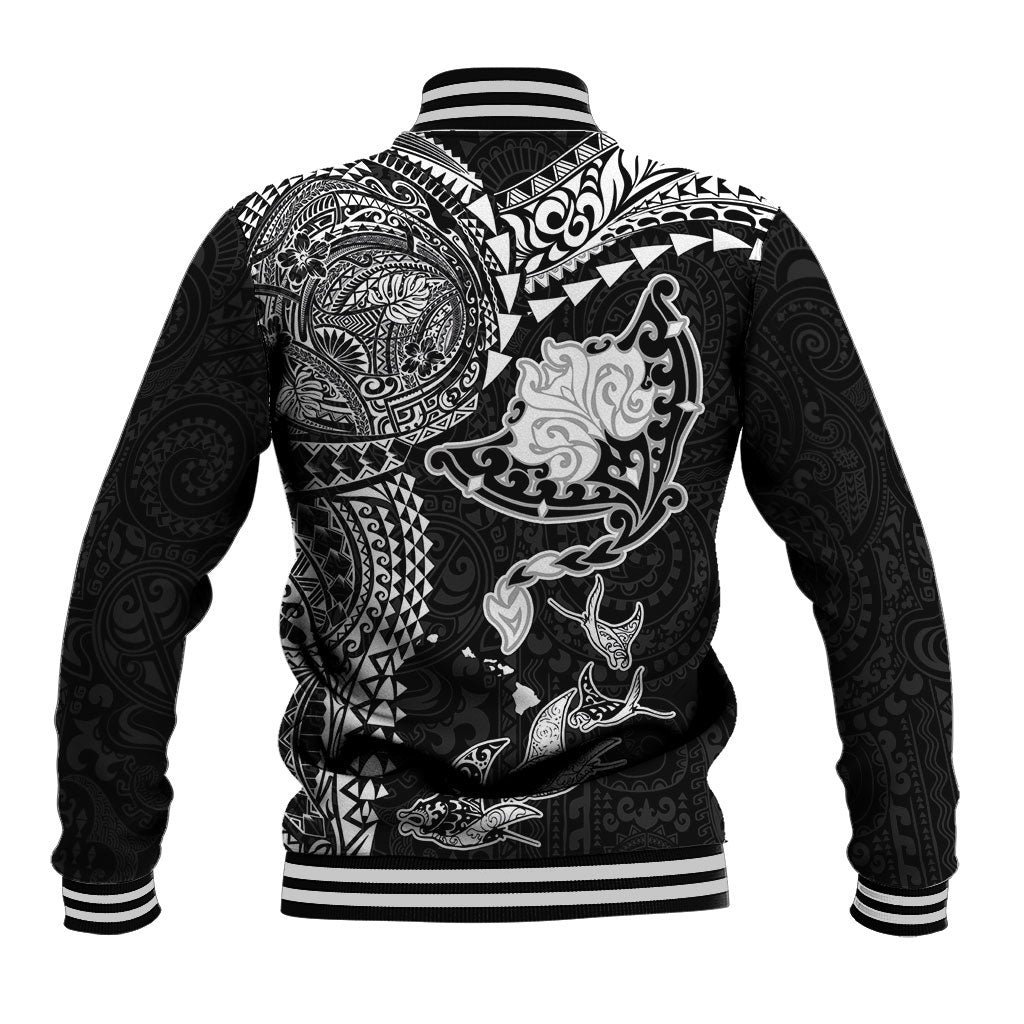 Hawaiian Manta Ray Tribal Baseball Jacket Polynesian Art Motifs Black Color LT03 - Polynesian Pride