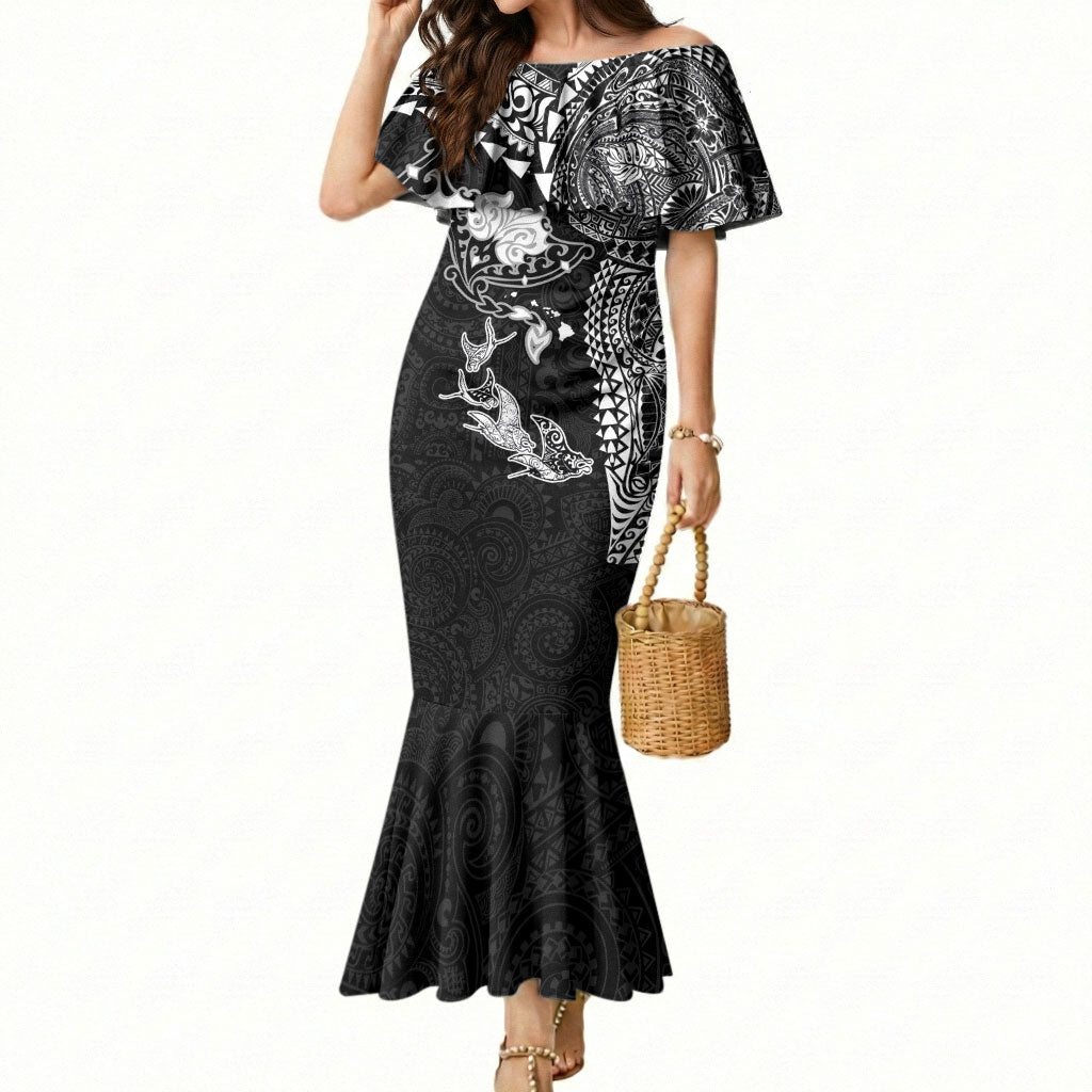 Hawaiian Manta Ray Tribal Mermaid Dress Polynesian Art Motifs Black Color LT03 Women Black - Polynesian Pride
