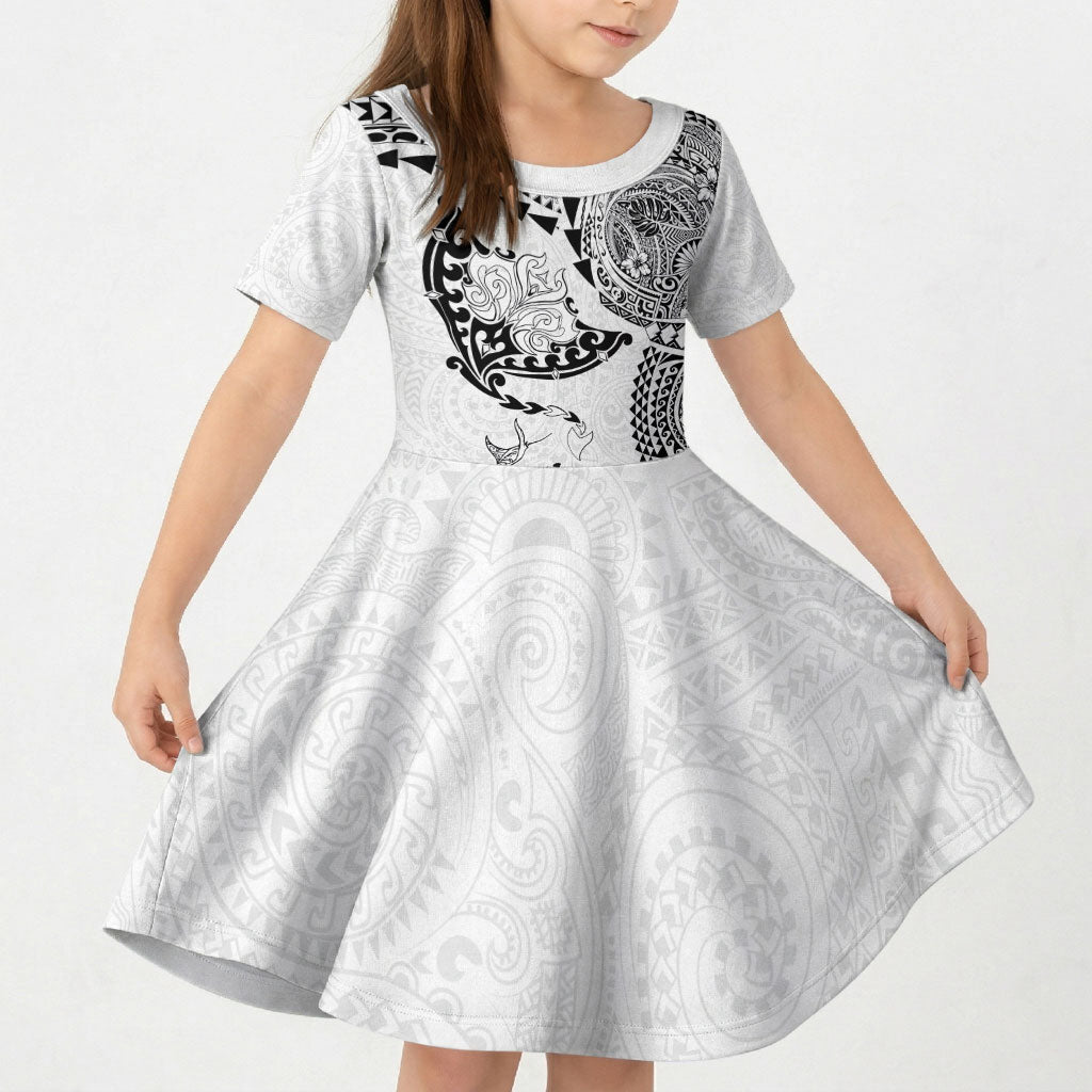 Hawaiian Manta Ray Tribal Kid Short Sleeve Dress Polynesian Art Motifs White Color LT03 KID White - Polynesian Pride