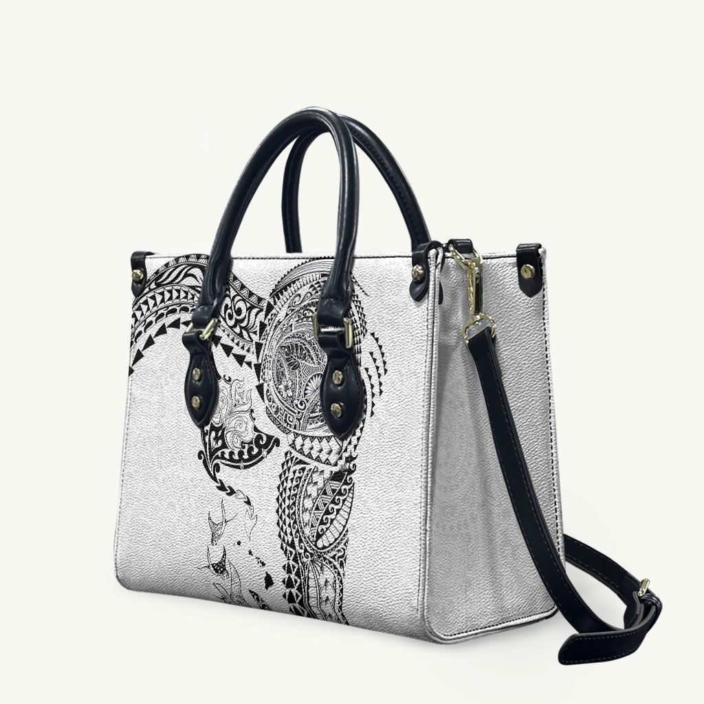 Hawaiian Manta Ray Tribal Leather Bag Polynesian Art Motifs White Color LT03 White - Polynesian Pride