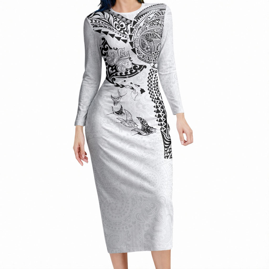 Hawaiian Manta Ray Tribal Long Sleeve Bodycon Dress Polynesian Art Motifs White Color LT03 Long Dress White - Polynesian Pride
