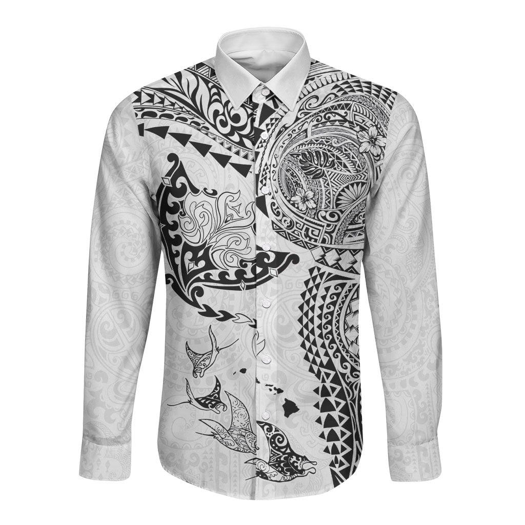 Hawaiian Manta Ray Tribal Long Sleeve Button Shirt Polynesian Art Motifs White Color LT03 Unisex White - Polynesian Pride