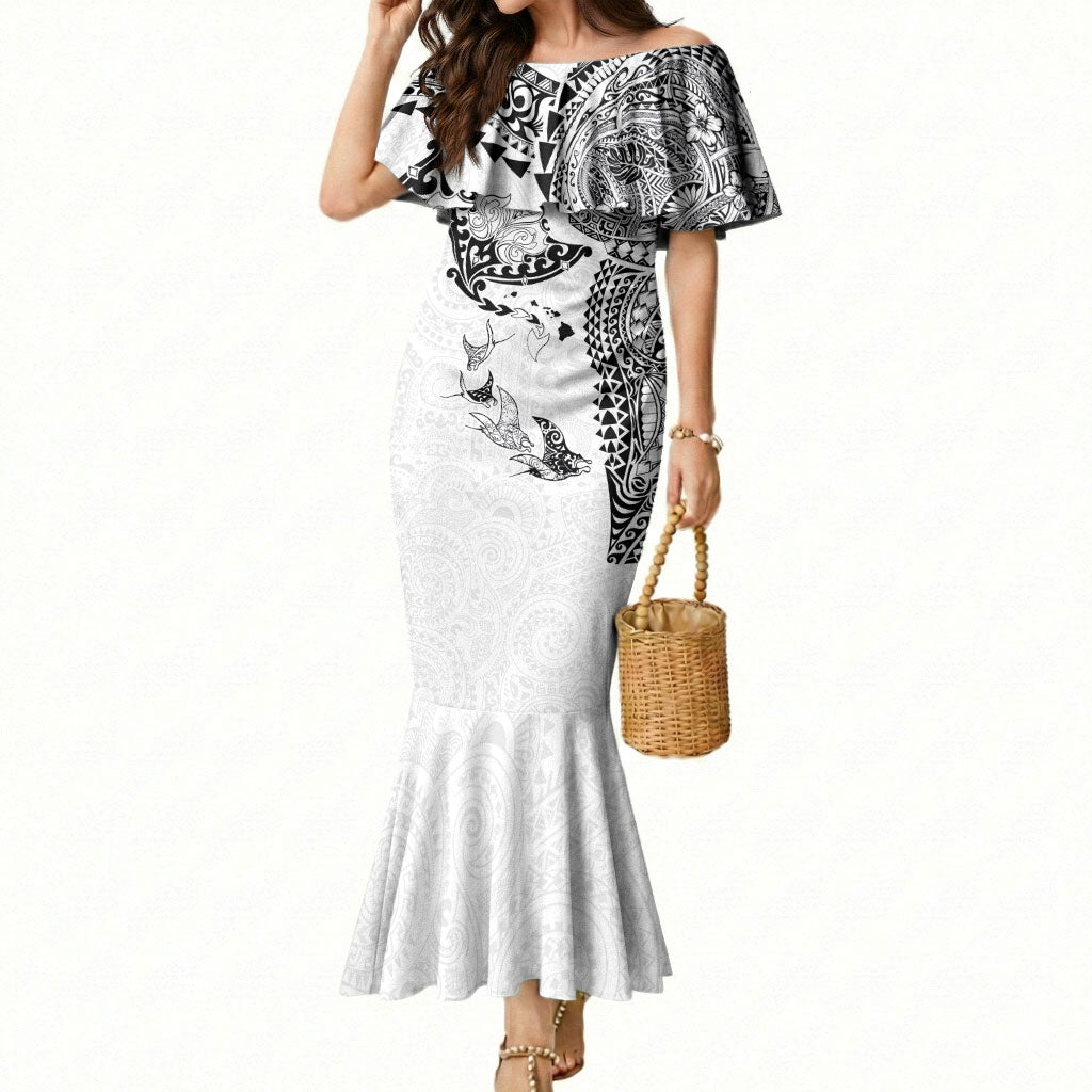 Hawaiian Manta Ray Tribal Mermaid Dress Polynesian Art Motifs White Color LT03 Women White - Polynesian Pride