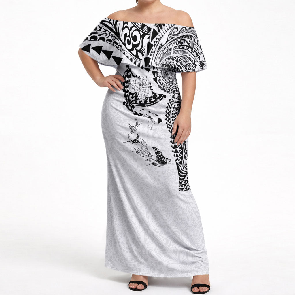 Hawaiian Manta Ray Tribal Off Shoulder Maxi Dress Polynesian Art Motifs White Color LT03 Women White - Polynesian Pride
