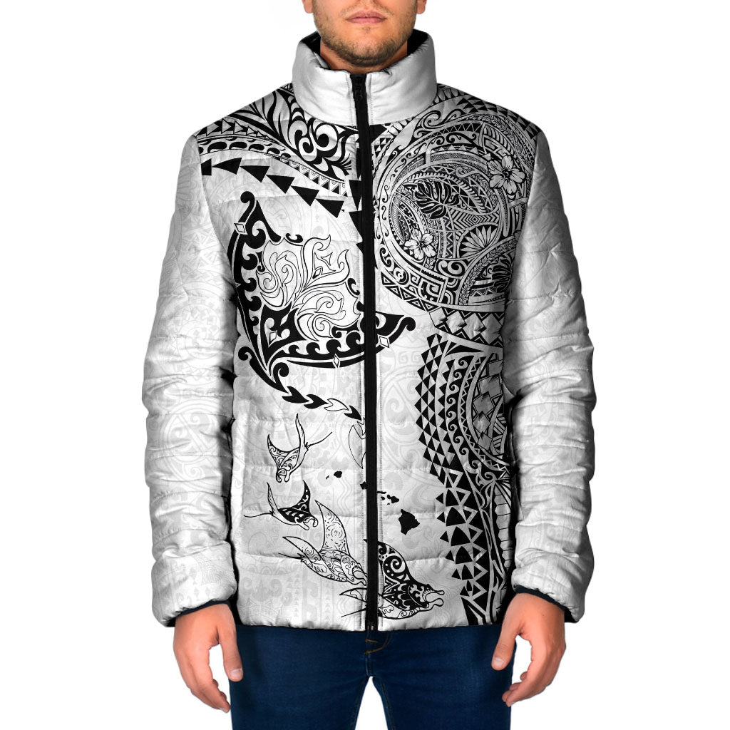 Hawaiian Manta Ray Tribal Padded Jacket Polynesian Art Motifs White Color LT03 Men White - Polynesian Pride