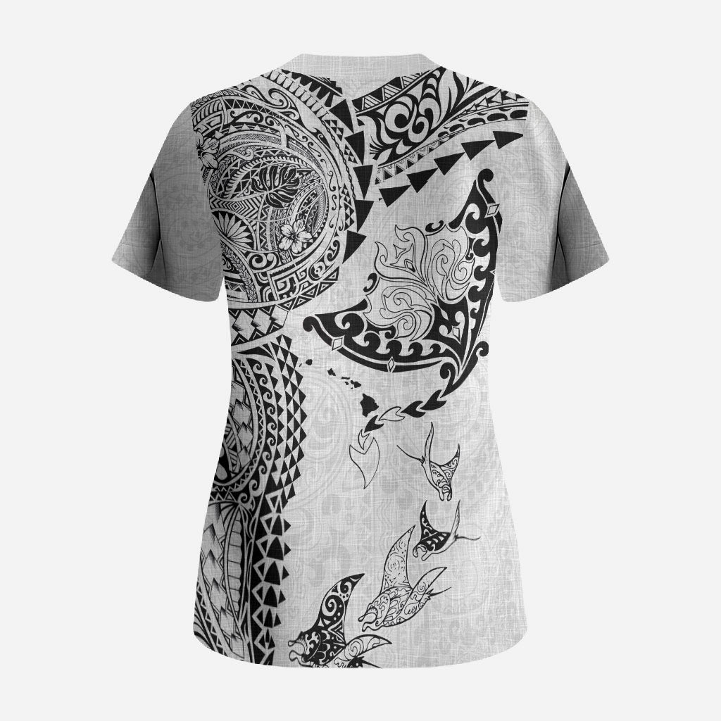 Hawaiian Manta Ray Tribal Scrub Top Polynesian Art Motifs White Color LT03 - Polynesian Pride