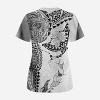 Hawaiian Manta Ray Tribal Scrub Top Polynesian Art Motifs White Color LT03 - Polynesian Pride