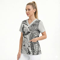 Hawaiian Manta Ray Tribal Scrub Top Polynesian Art Motifs White Color LT03 - Polynesian Pride