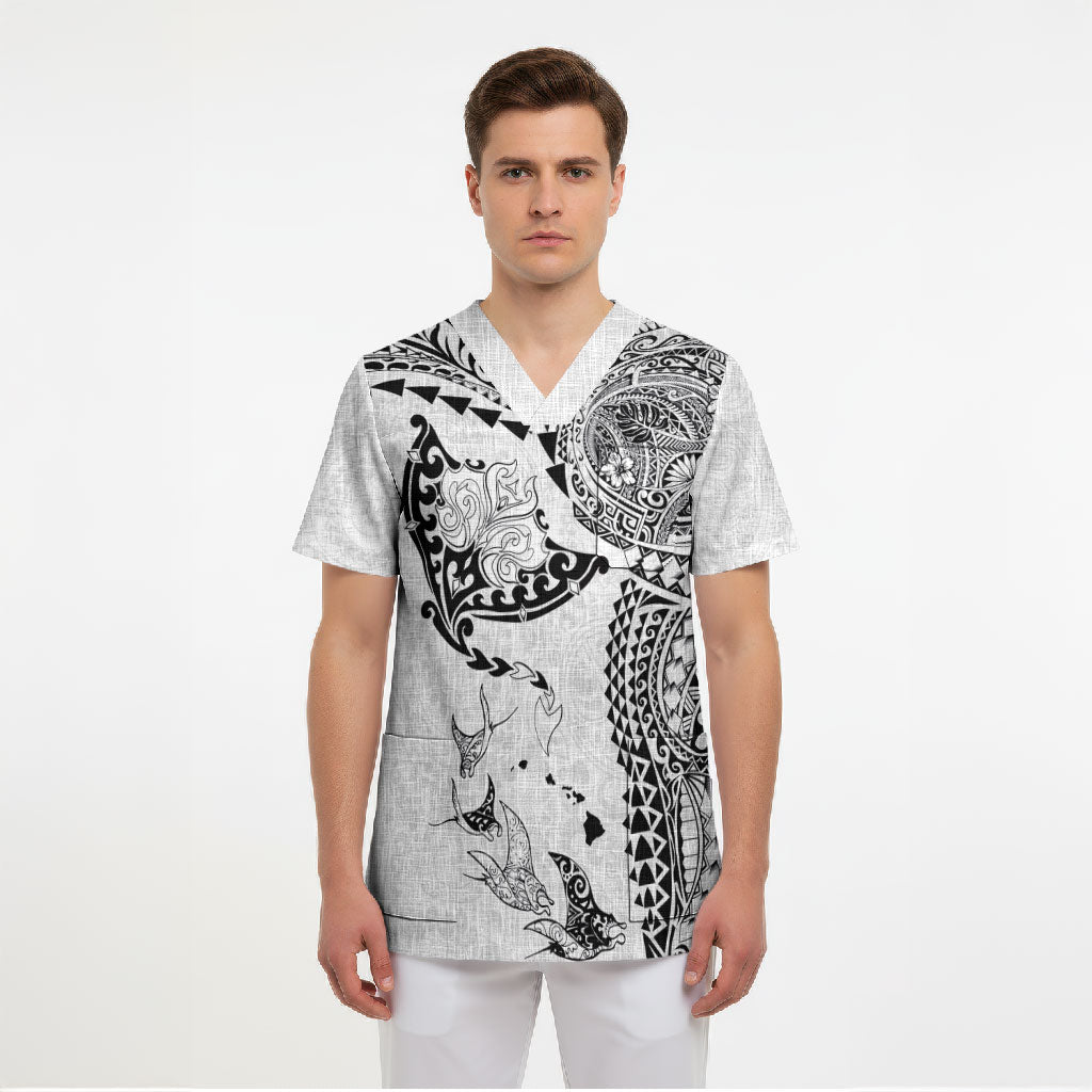 Hawaiian Manta Ray Tribal Scrub Top Polynesian Art Motifs White Color LT03 - Polynesian Pride