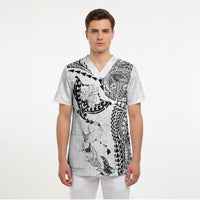 Hawaiian Manta Ray Tribal Scrub Top Polynesian Art Motifs White Color LT03 - Polynesian Pride
