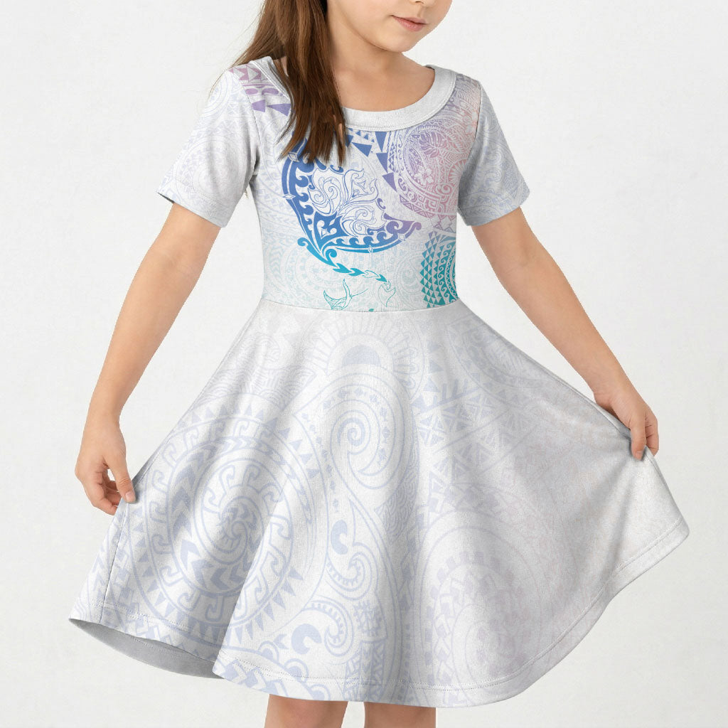 Hawaiian Manta Ray Tribal Kid Short Sleeve Dress Polynesian Art Motifs Sweet Pastel LT03 KID Multicolor - Polynesian Pride