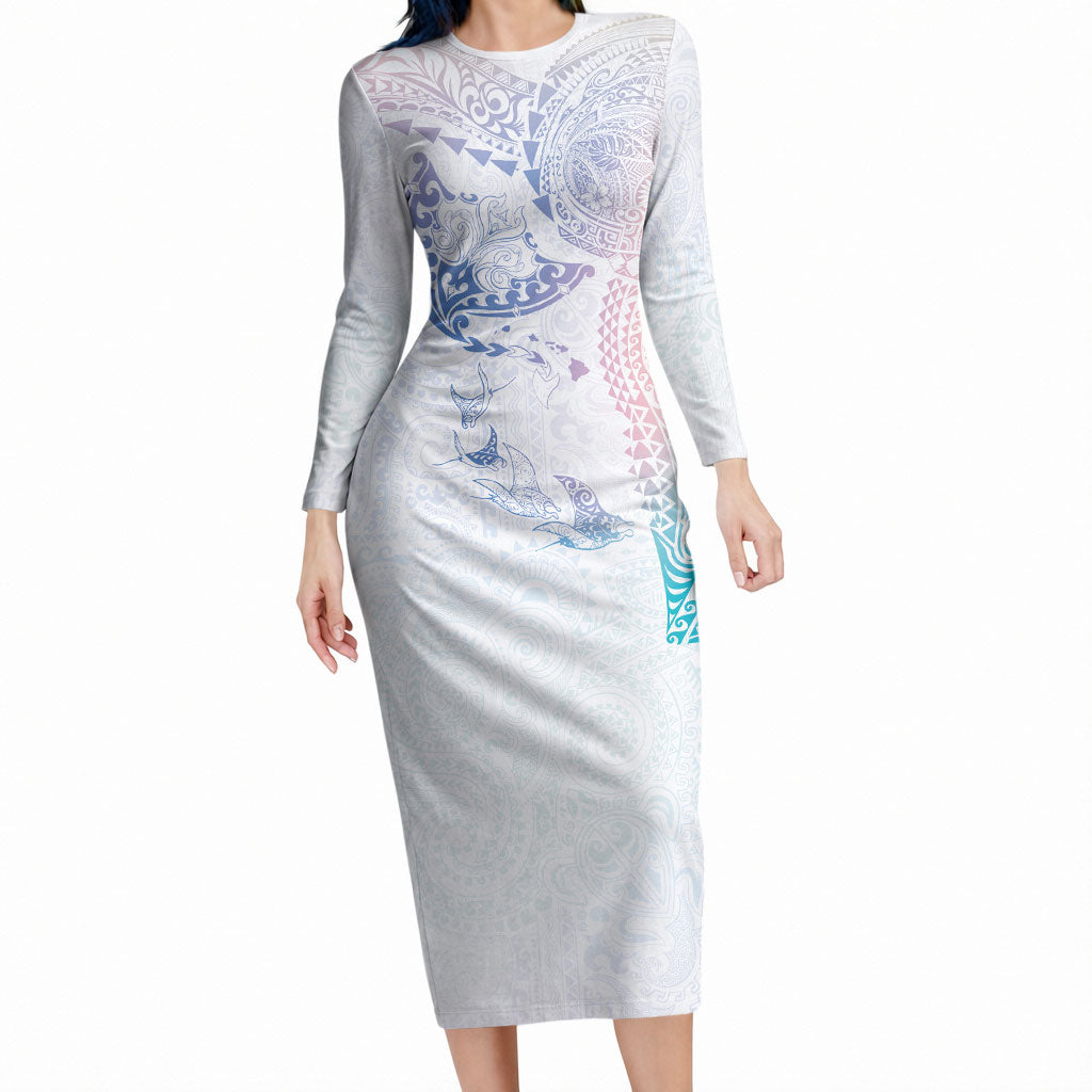 Hawaiian Manta Ray Tribal Long Sleeve Bodycon Dress Polynesian Art Motifs Sweet Pastel LT03 Long Dress Multicolor - Polynesian Pride