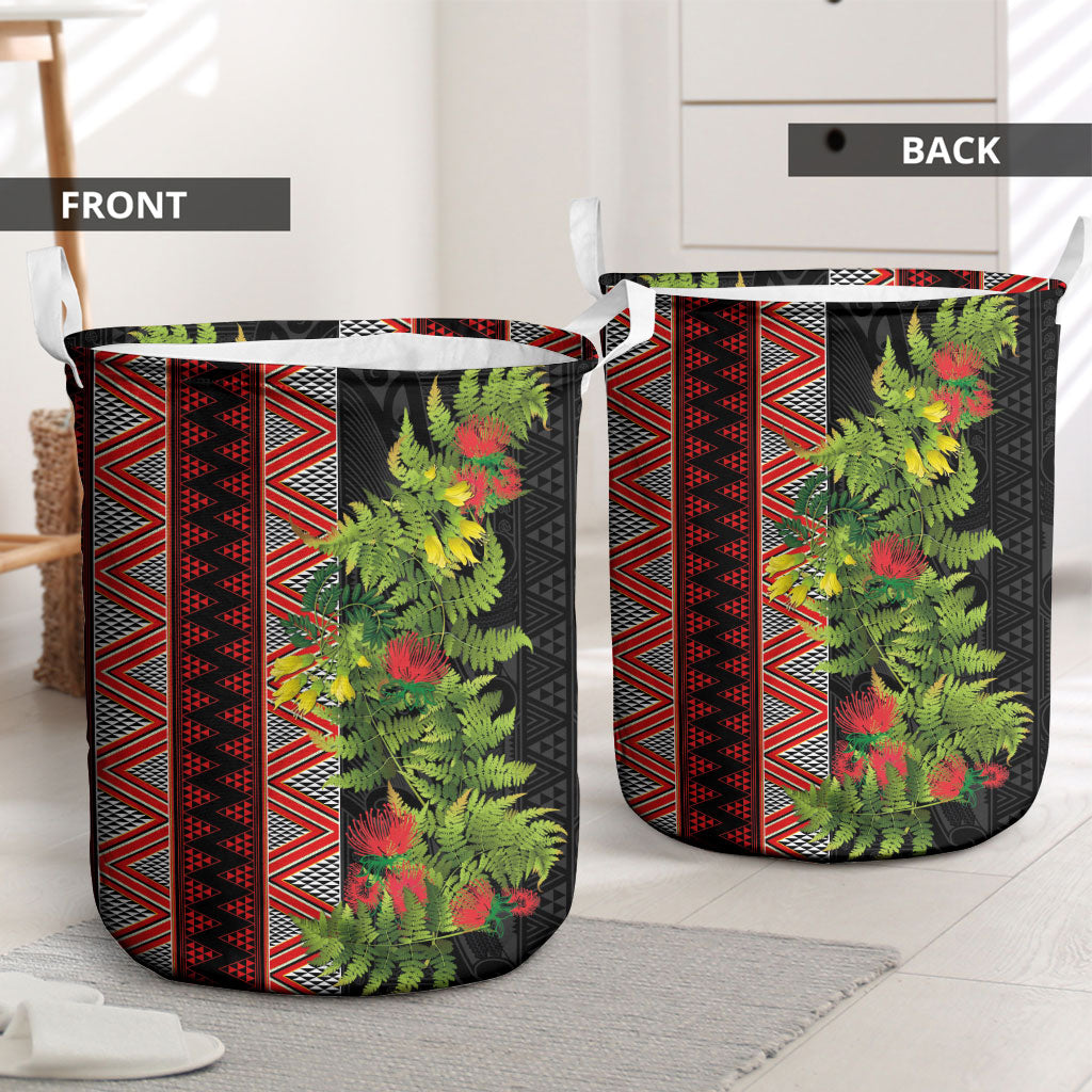 Maori Tukutuku Laundry Basket with Ferns Pohutukawa and Kowhai Tribal Moko Patterns LT03 - Polynesian Pride