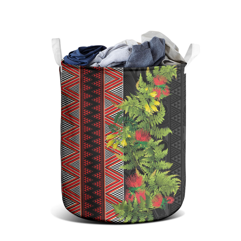 Maori Tukutuku Laundry Basket with Ferns Pohutukawa and Kowhai Tribal Moko Patterns LT03 - Polynesian Pride