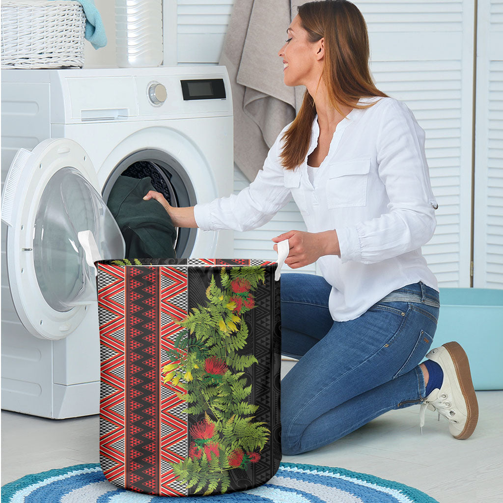 Maori Tukutuku Laundry Basket with Ferns Pohutukawa and Kowhai Tribal Moko Patterns LT03 - Polynesian Pride