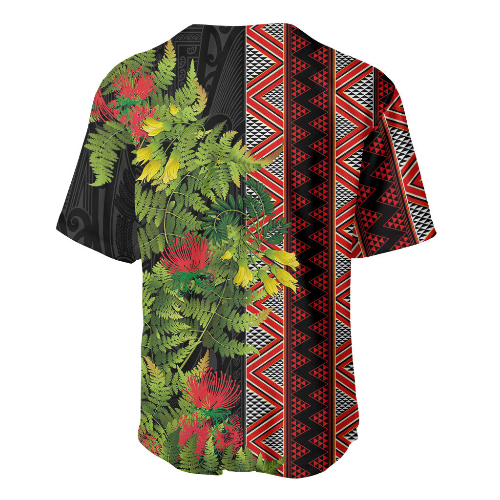 Maori Tukutuku Baseball Jersey with Ferns Pohutukawa and Kowhai Tribal Moko Patterns LT03 - Polynesian Pride