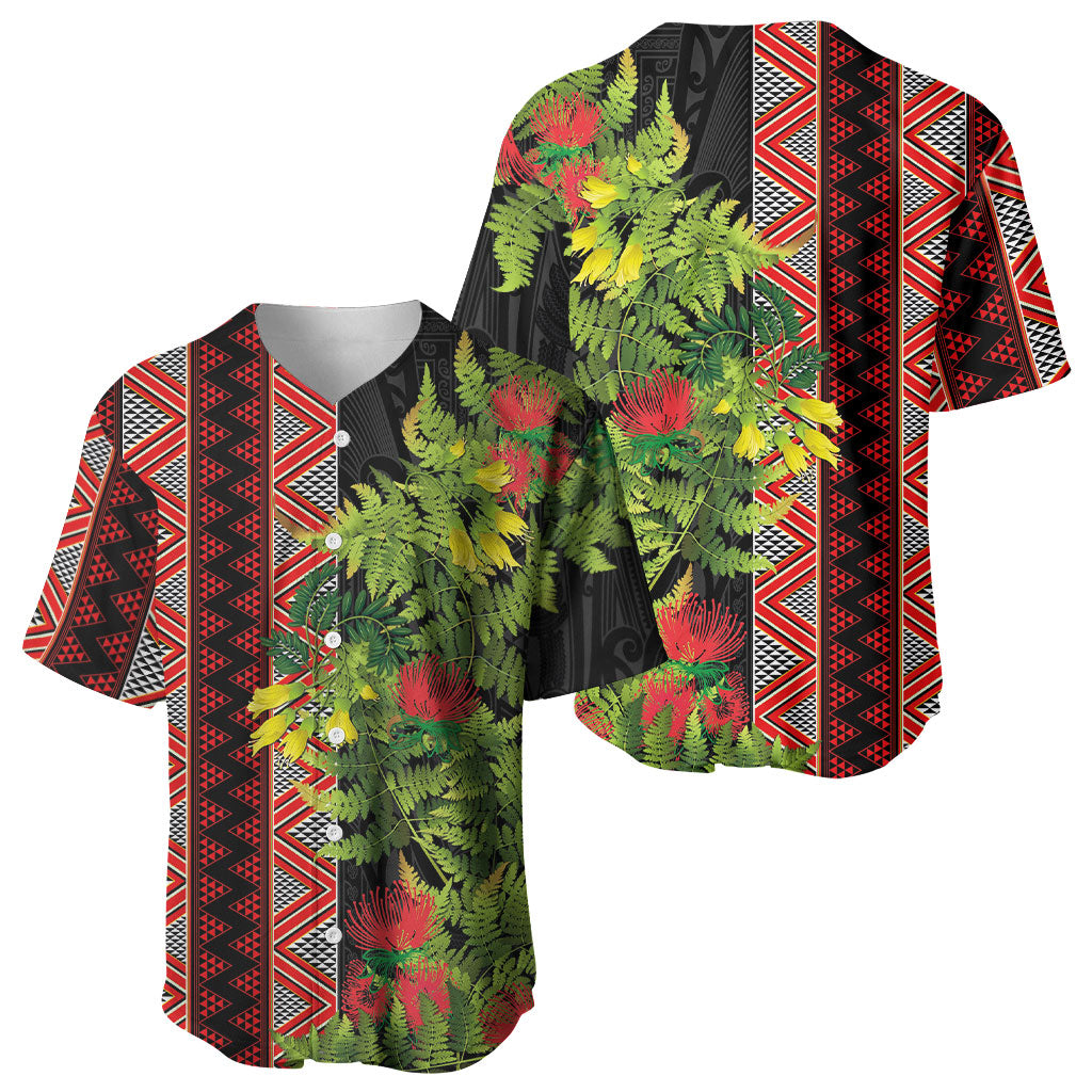 Maori Tukutuku Baseball Jersey with Ferns Pohutukawa and Kowhai Tribal Moko Patterns LT03 - Polynesian Pride