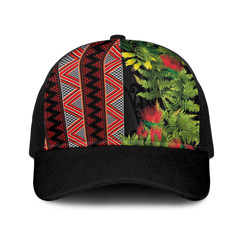 Maori Tukutuku Baseball Net Cap with Ferns Pohutukawa and Kowhai Tribal Moko Patterns LT03 One Size Black Multicolor - Polynesian Pride