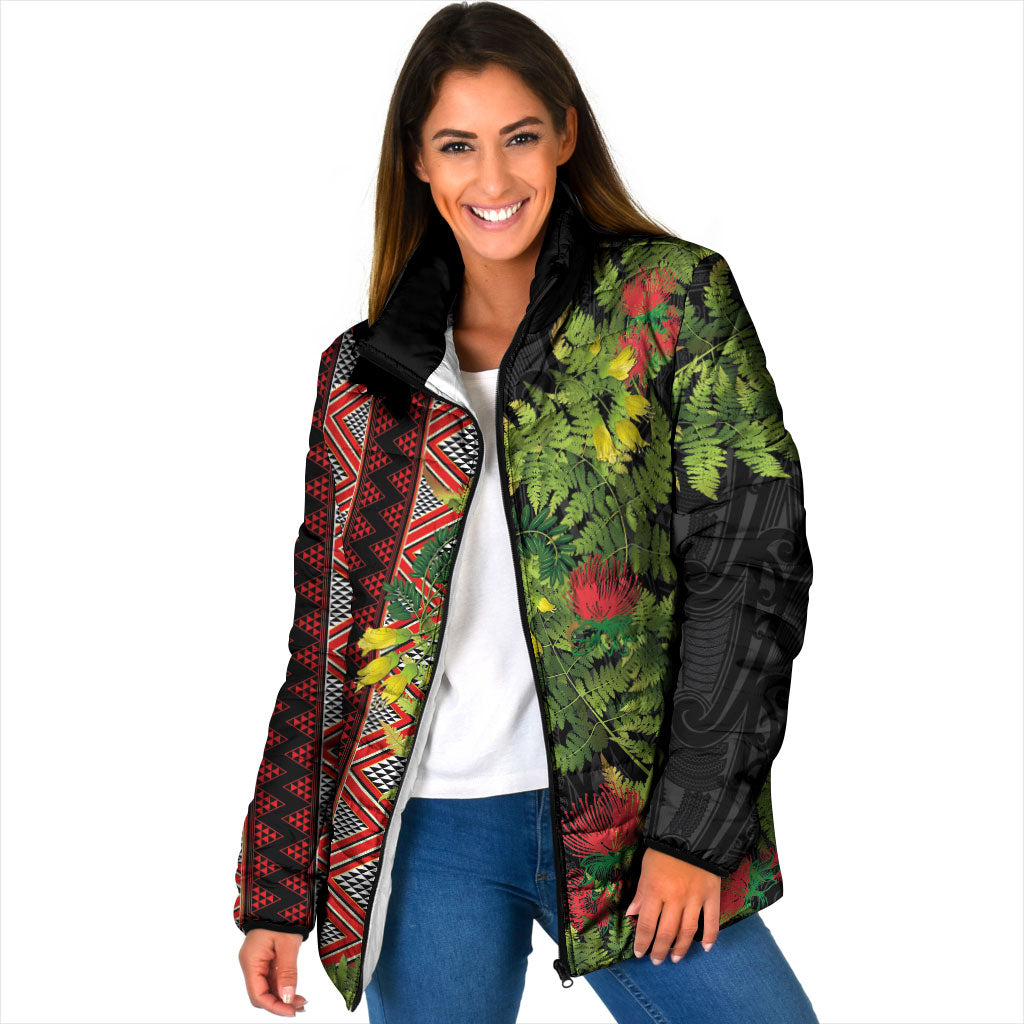Maori Tukutuku Padded Jacket with Ferns Pohutukawa and Kowhai Tribal Moko Patterns LT03 Women Multicolor - Polynesian Pride