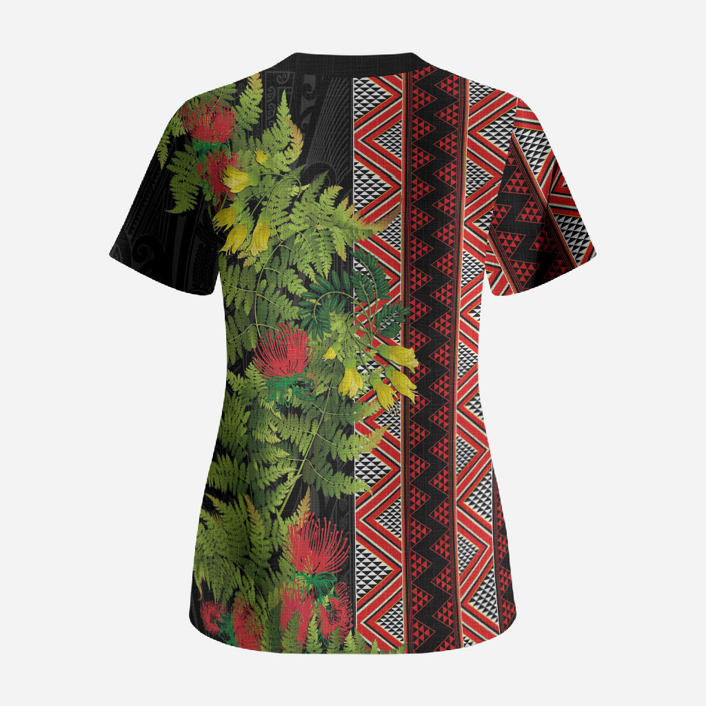 Maori Tukutuku Scrub Top with Ferns Pohutukawa and Kowhai Tribal Moko Patterns LT03 - Polynesian Pride