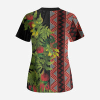 Maori Tukutuku Scrub Top with Ferns Pohutukawa and Kowhai Tribal Moko Patterns LT03 - Polynesian Pride