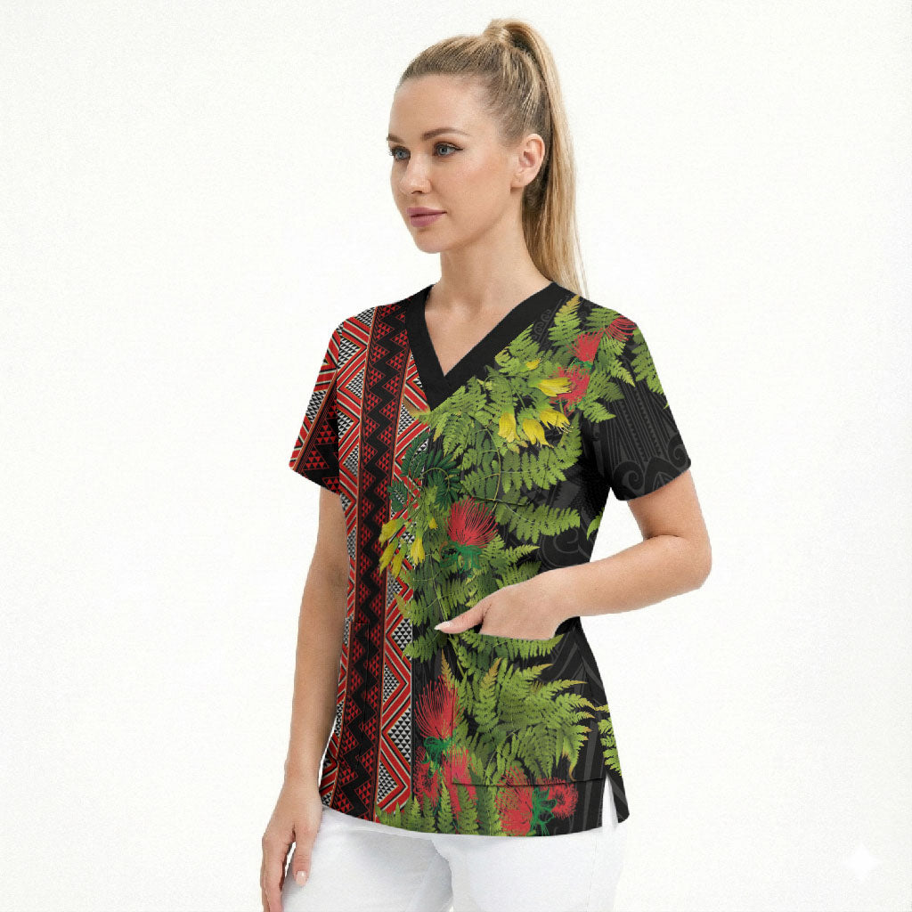 Maori Tukutuku Scrub Top with Ferns Pohutukawa and Kowhai Tribal Moko Patterns LT03 - Polynesian Pride