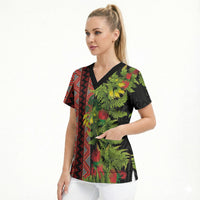Maori Tukutuku Scrub Top with Ferns Pohutukawa and Kowhai Tribal Moko Patterns LT03 - Polynesian Pride