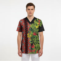 Maori Tukutuku Scrub Top with Ferns Pohutukawa and Kowhai Tribal Moko Patterns LT03 - Polynesian Pride
