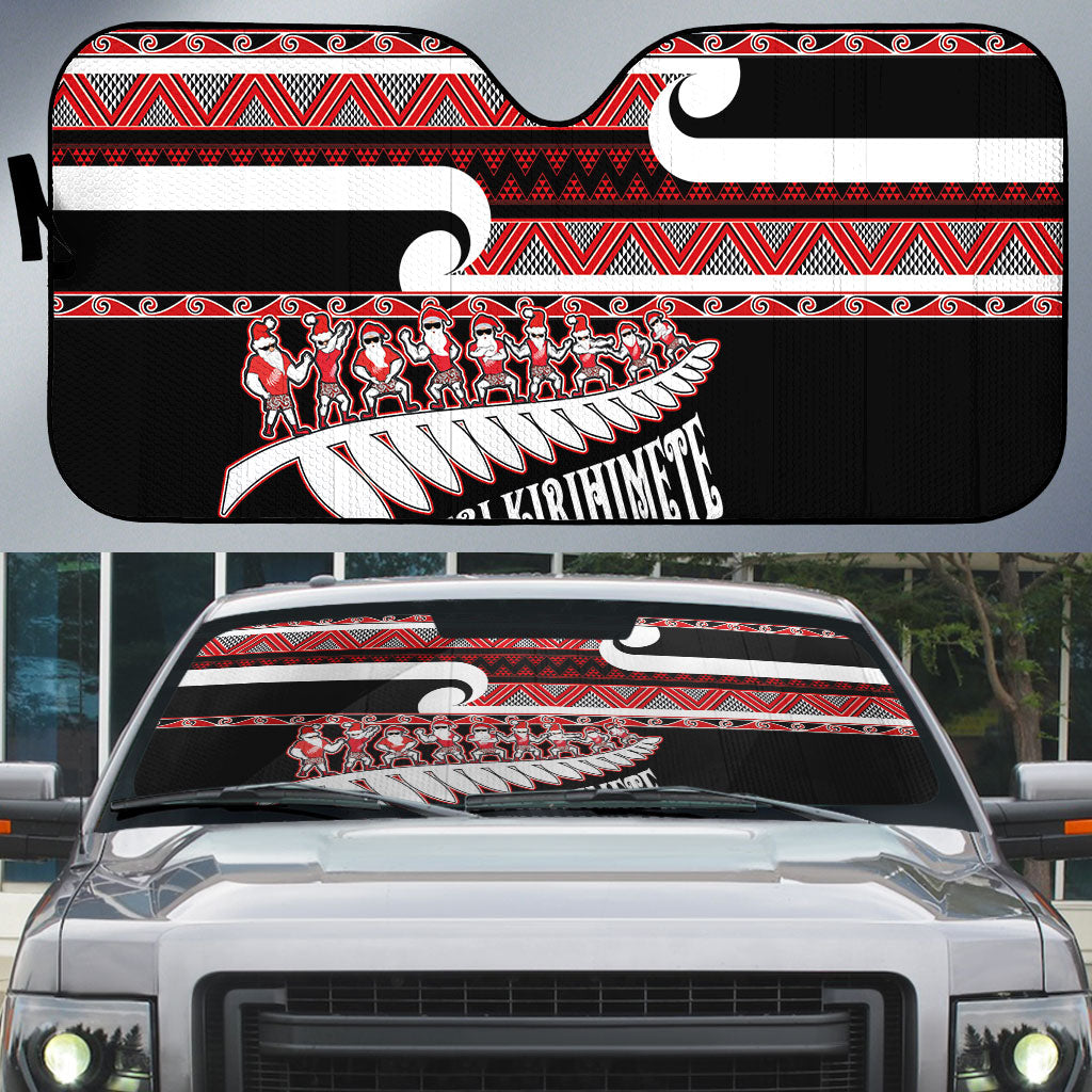New Zealand Christmas Auto Sun Shade Funny Santa Claus Haka Dance with Tukutuku LT03 Multicolor - Polynesian Pride