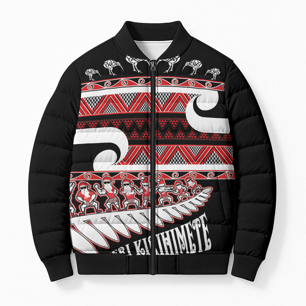 New Zealand Christmas Bomber Puffer Jacket Funny Santa Claus Haka Dance with Tukutuku LT03 Unisex Multicolor - Polynesian Pride