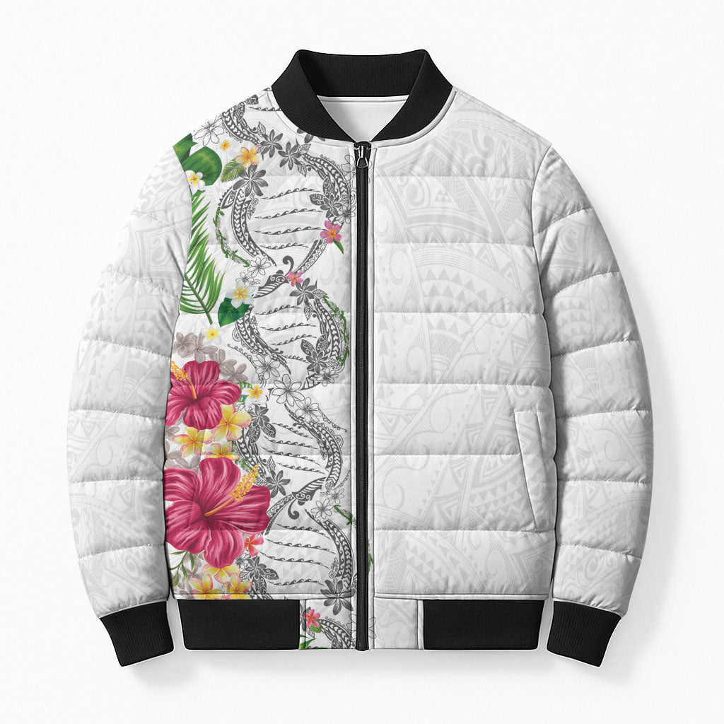 Hawaii DNA Kakau Tattoo Bomber Puffer Jacket with Plumeria and Hibiscus Tropical Plants White Color LT03 Unisex White - Polynesian Pride